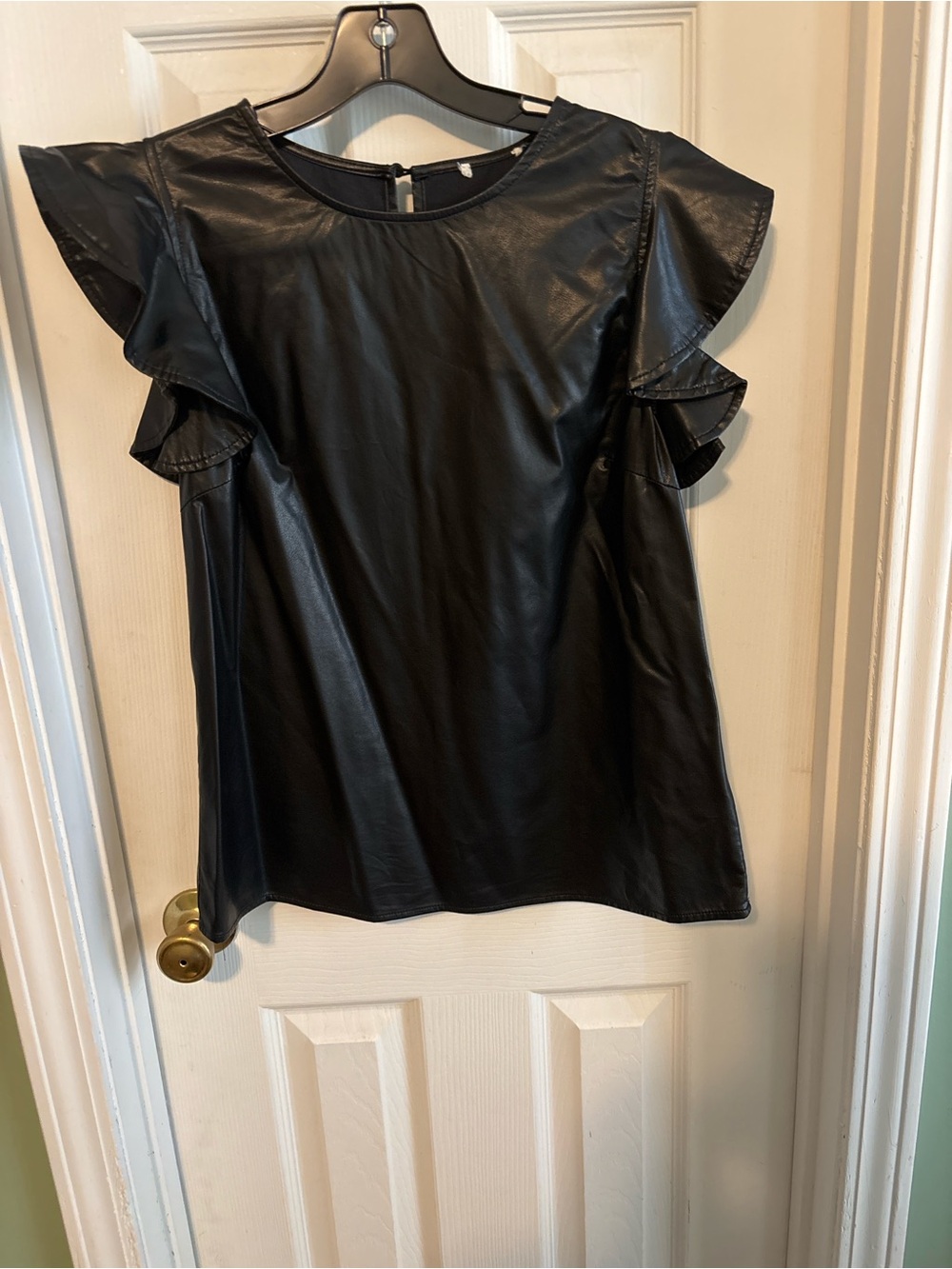 Faux Leather Ruffle Sleeve Blouse - Black